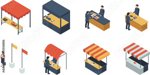 Isometric street food stalls and market vendor booths set with customers, counters, canopy tents and outdoor retail kiosks