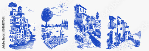 Cliff wine picnic street alley. Blue ink hand drawn set with houses, terrace table and village path. Romantic mediterranean travel scenes for posters and prints.