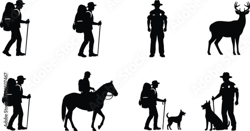 Outdoor silhouette vector illustration, hikers with backpacks, park ranger artwork, deer wildlife design, nature conservation concept, camping adventure artwork, forest animal vector
