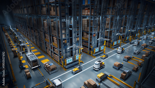 Automated warehouse with robotic systems and conveyor belts transporting packages in futuristic smart logistics distribution center for industry four point zero concept