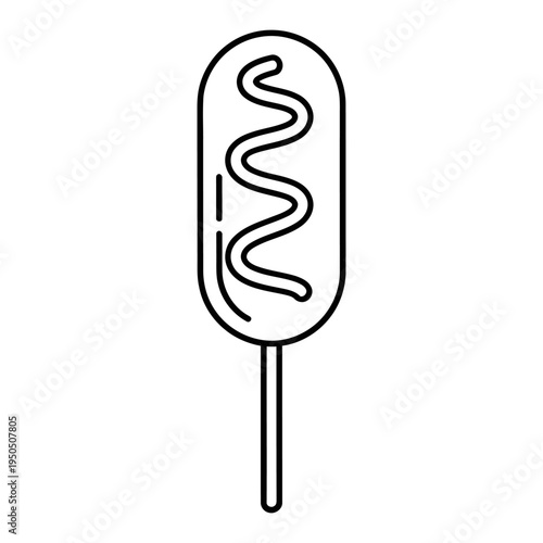 Black and white simple line drawing of a corn dog on a stick with squiggly hot dog inside a bun
