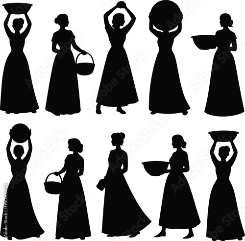 Black silhouette women in long dresses carrying baskets in traditional poses, cultural domestic agricultural vector illustration artwork design