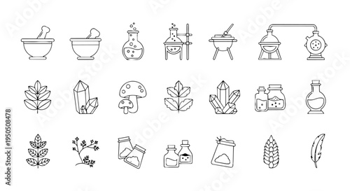Minimalist Line Art Alchemy Herbalism Icon Set with Mortar, Crystals, Mushrooms, Botanical Leaves, Potions, and Distillation Equipment