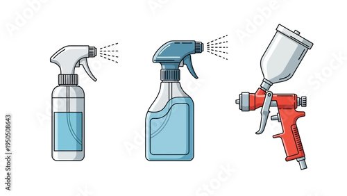 Spray bottles and paint gun on white background for cleaning and painting