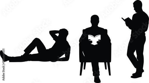 Cad drawing flat vector illustration of man silhouettes reading books in various poses including lying down, sitting in armchair, and standing.
