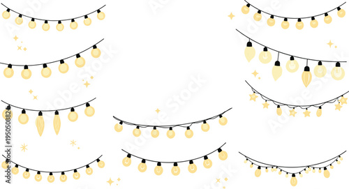 Decorative String Lights and Hanging Bulb Garland Vector Set with Festive Party Illumination Elements for Holiday Celebration Design