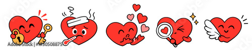 A playful vector set of cute red heart characters with key, lock, fever thermometer, blowing kisses, magnifier and angel wing. Concept of love, romance, care and emotion.