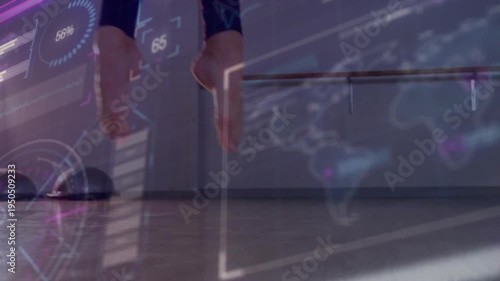 Dancer training barre footwork, crossing ankles, rising releve and landing as HUD gauges cover legs