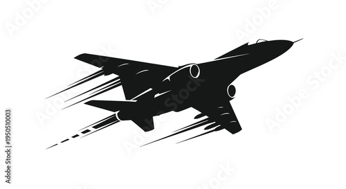 A sleek black silhouette of a supersonic jet fighter aircraft is depicted in mid flight trailing speed lines high quality