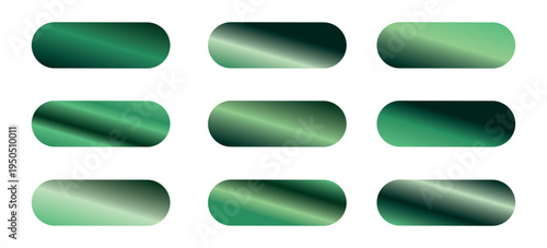 Set of 9 Green Gradient Vector Buttons with Rounded Corners for Web Design, UI, and Graphic Elements, Modern Metallic Style