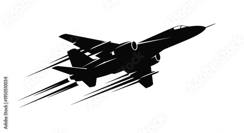 A sleek black silhouette of a modern fighter jet soars through the air leaving a trail of speed