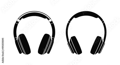 A striking black and white illustration depicts two pairs of over ear headphones presented side by side in a minimalist style