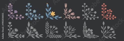 Collection of decorative floral corner in muted colors
