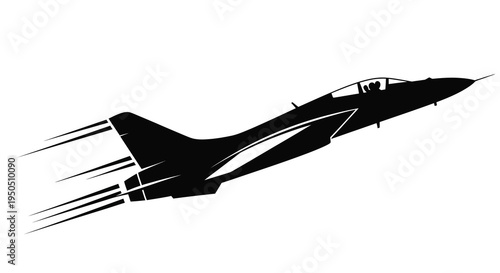 A stylized black silhouette depicts a fighter jet in dynamic flight leaving speed lines suggesting rapid movement high quality