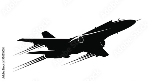 A sleek black silhouette of a fighter jet in dynamic flight leaving trails suggesting rapid speed and power