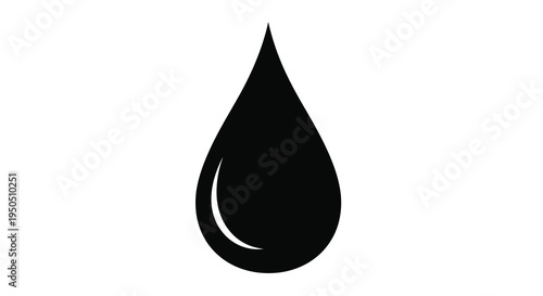 A simple isolated black silhouette depicts a single water droplet shape curving and tapering to a point high quality