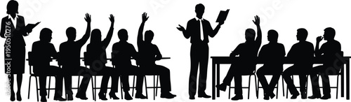 Black silhouette of students sitting at desks in a classroom raising hands to answer questions from teachers, cad drawing flat vector illustration,