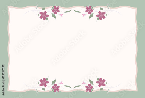 Elegant Floral Frame Background with Pink Cherry Blossoms and Sage Green Border for Wedding Invitation, Greeting Card, or Certificate Template