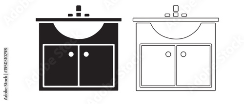 Elegant bathroom vanity with integrated sink and cabinet doors presented in both silhouette and outline styles isolated on transparent background