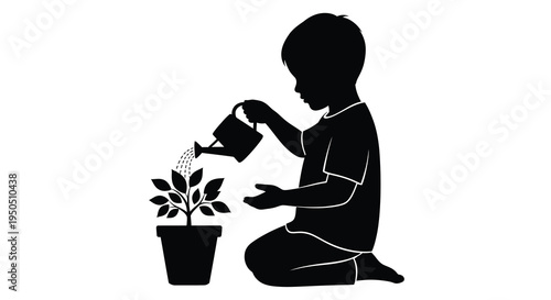 A striking black silhouette depicts a young child carefully watering a small potted plant with a watering can