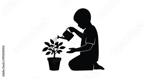 A silhouette of a child carefully watering a small potted plant showcasing growth and nurturing high quality professional detailed