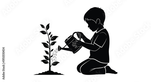A silhouetted image depicts a young boy kneeling and carefully watering a small growing plant high quality professional detailed