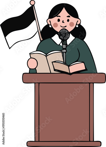 Female speaker at podium giving speech with flag flat vector illustration
