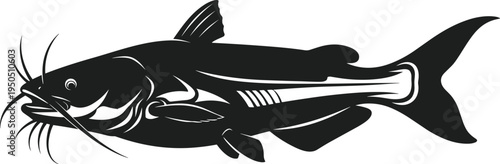 Catfish silhouette vector, freshwater fish mascot side view, cad drawing flat vector illustration flavector, aquatic wildlife fishing sport graphic design.