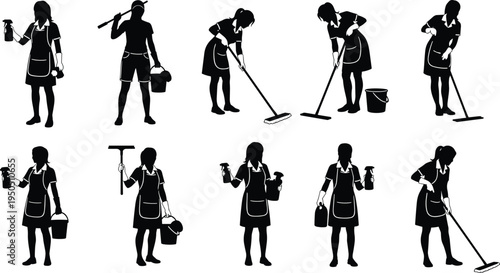 Cleaning service silhouettes, housekeeping illustration artwork, sanitation worker design, professional cleaner motif, hygiene maintenance sketch, domestic cleaning figure art, janitorial task drawing