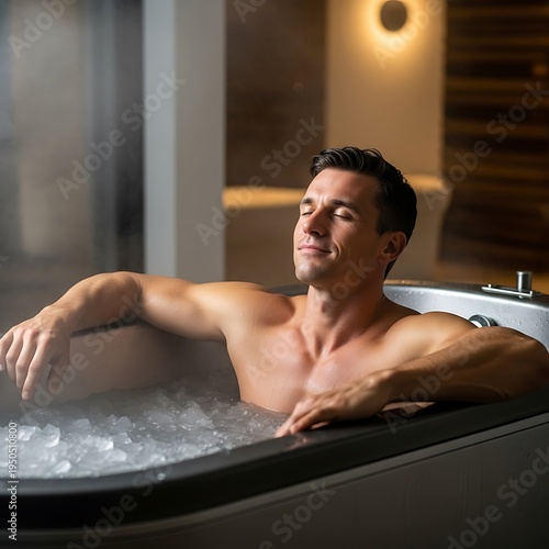 Muscular man finds relaxation and invigoration submerged in a cold plunge bathtub filled with ice