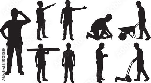 Set of construction worker silhouettes with tools for Labor Day