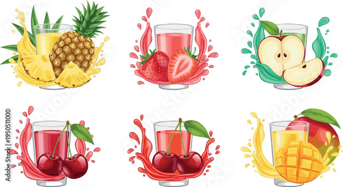Fresh fruit juice splash set with pineapple strawberry apple cherry and mango drinks colorful vector illustration