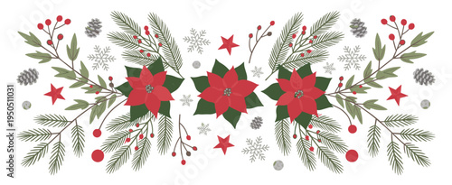 Red poinsettias pine branches and snowflakes border
