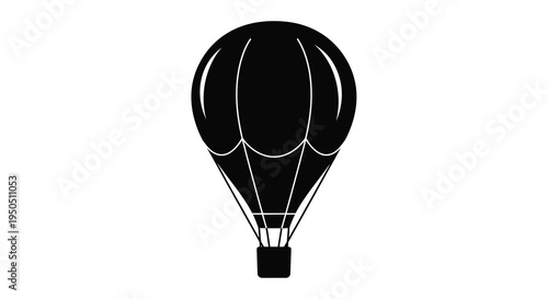 A stark black silhouette depicts a classic hot air balloon showcasing its rounded envelope and woven basket high quality