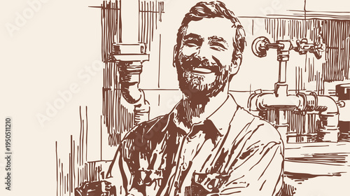 Technician repairing pipes under kitchen sink. Tradesman kneeling and tightening valves and connections. Rough pencil hand crafted sketch drawing style. Banner for plumbing maintenance ads.