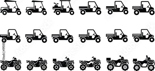Black silhouette icons of utility golf carts, electric flatbed transporters, off-road UTV work vehicles, and four-wheeler ATV quad bikes on white background,