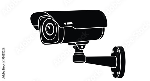 A simplified black and white illustration depicts a modern security camera mounted on a wall bracket high quality professional