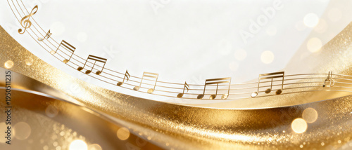Golden musical notes on a flowing staff with a treble clef. Elegant festive background with glitter and bokeh lights for a celebration or concert.