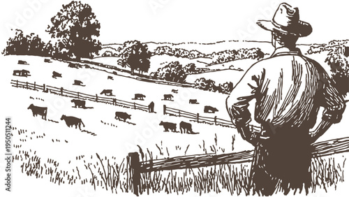 Farmer cows pasture countryside rural. Rancher looking over grazing cattle landscape scene. Chalk and brush drawing style. Background for agriculture posters and farm banners.