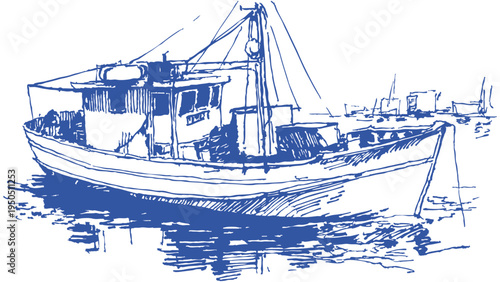Fishing trawler boat floating calm harbor water. Detailed maritime vessel with cabin and rigging on sea surface. Banner for nautical branding. Traditional hand drawn pencil sketch illustration style.