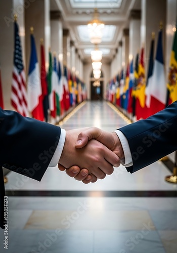 Handshake in official building hallway with international flags