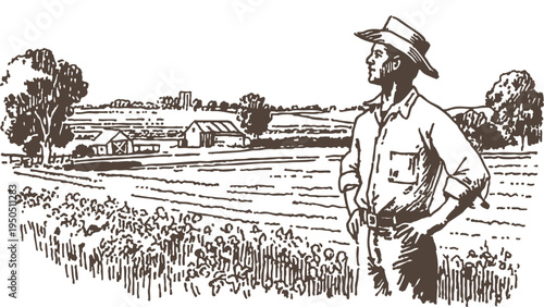 Young farmer standing in wide agricultural landscape. Banner for farming, countryside concepts. Artwork presented in pencil hand drawn sketch illustration style with rural environment.