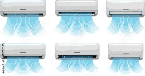 Air conditioner units blowing cold air set wall mounted AC cooling airflow climate control vector icons