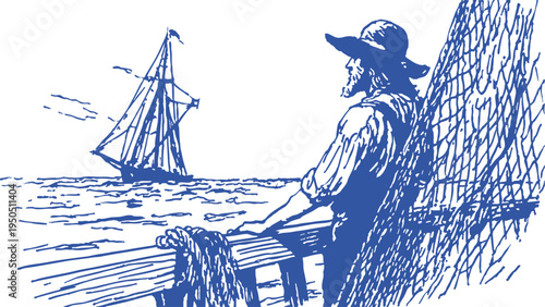 Fisherman resting on pier looking sailing ship. Bearded man sits near fishing net watching sea horizon. Background for maritime concept. Pencil sketch hand drawn drawing style.