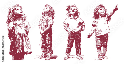 Little girls looking up dreaming emotional illustration set. Kids showing curiosity and imagination gestures. Ink hand drawn line sketch style. Background for children books.