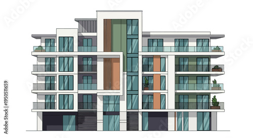 Modern Apartment Building Facade with Balconies and Large Windows