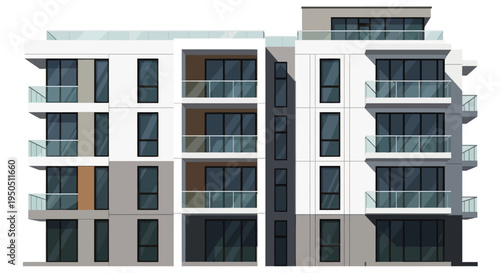 Modern Apartment Building Facade with Glass Balconies and Large Windows