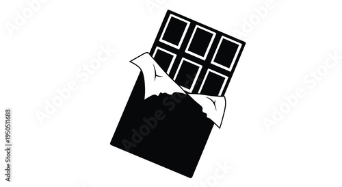 A simple black and white illustration depicts a partially unwrapped chocolate bar showcasing its segmented form high quality professional