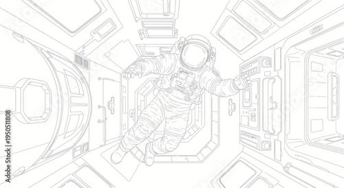 Astronaut Floating Inside Space Station Corridor, Sci-Fi Exploration