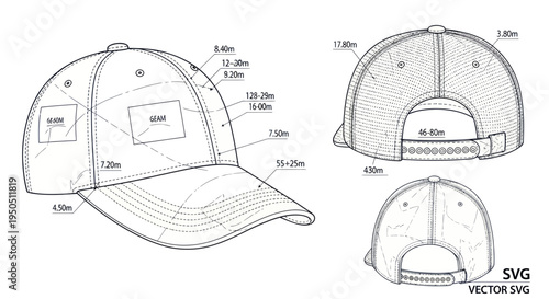 Baseball Cap Technical Drawing and Blueprints with Measurements